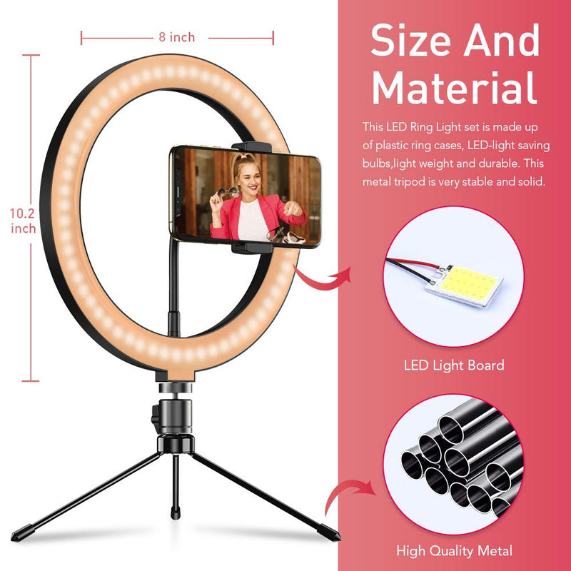 Apexel 10" Selfie LED Desk Ring Light with Adjustable Tripod Stand,3 Modes 10 Brightness Levels,LED Ring Light with Phone Holder for Vlog,Live Steaming,YouTube Video,Self-Portrait Shooting