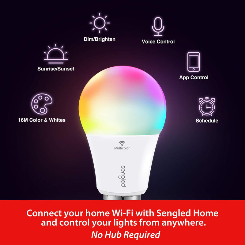 Sengled Smart Bulb, Color Changing Smart Bulbs Work with Alexa & Google Home, Alexa Light Bulb No Hub Required, A19 Multicolor WiFi Light Bulbs, High CRI>90, CEC Title 20, 60W Equivalent 800LM, 4 Pack