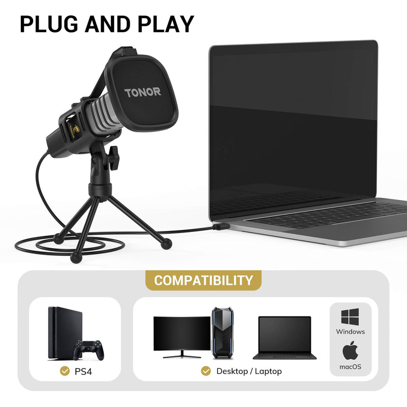 USB Microphone, TONOR Condenser Computer PC Mic with Tripod Stand, Pop Filter, Shock Mount for Gaming, Streaming, Podcasting, YouTube, Skype, Twitch, Discord, Compatible with Laptop Desktop, TC30