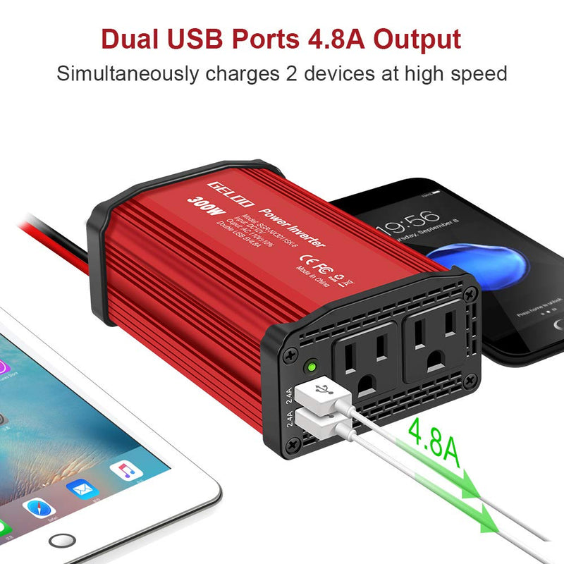 Upgraded 300W Power Inverter, DC 12V to 110V AC Car Power Converter with 4.8A Dual USB Ports Car Charger Adapter (Red) Red