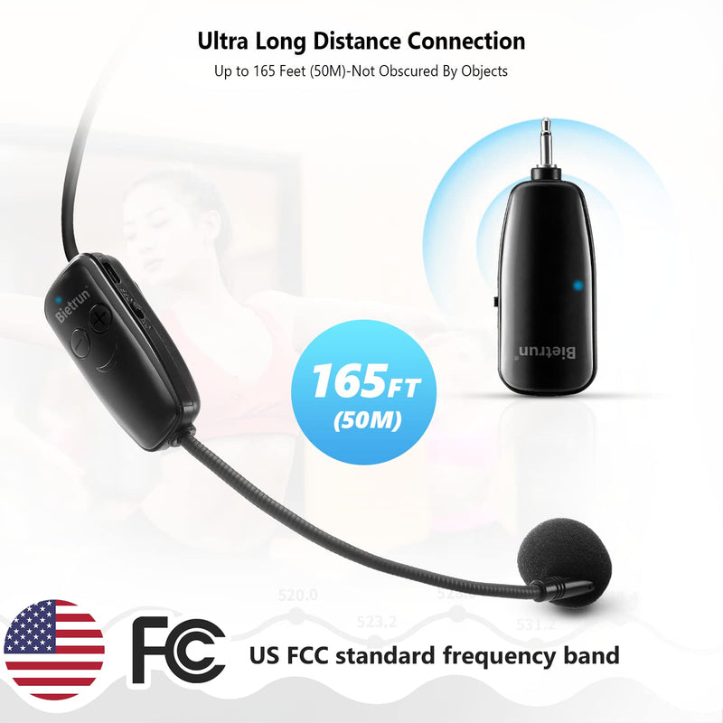 [AUSTRALIA] - Bietrun UHF Wireless Microphone Headset, 165ft Range, Working Time 6H, 1/4''Plug, Wireless Headset Mic ＆Handheld Mic 2 in 1, for Karaoke Speaker, Amplifier, Mic Speakers, PA System, Teaching, Fitness Black 