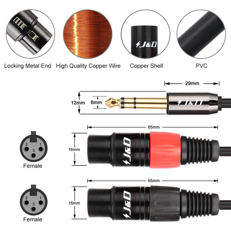 [AUSTRALIA] - J&D TRS 6.35mm (1/4 inch) to Dual XLR Y Splitter Cable, PVC Shelled 2 XLR Female to 6.35mm 1/4 inch TRS Male Unbalanced Interconnect Stereo Audio Cable for Speaker Mic Guitar Mixer AMP, 6 Feet 