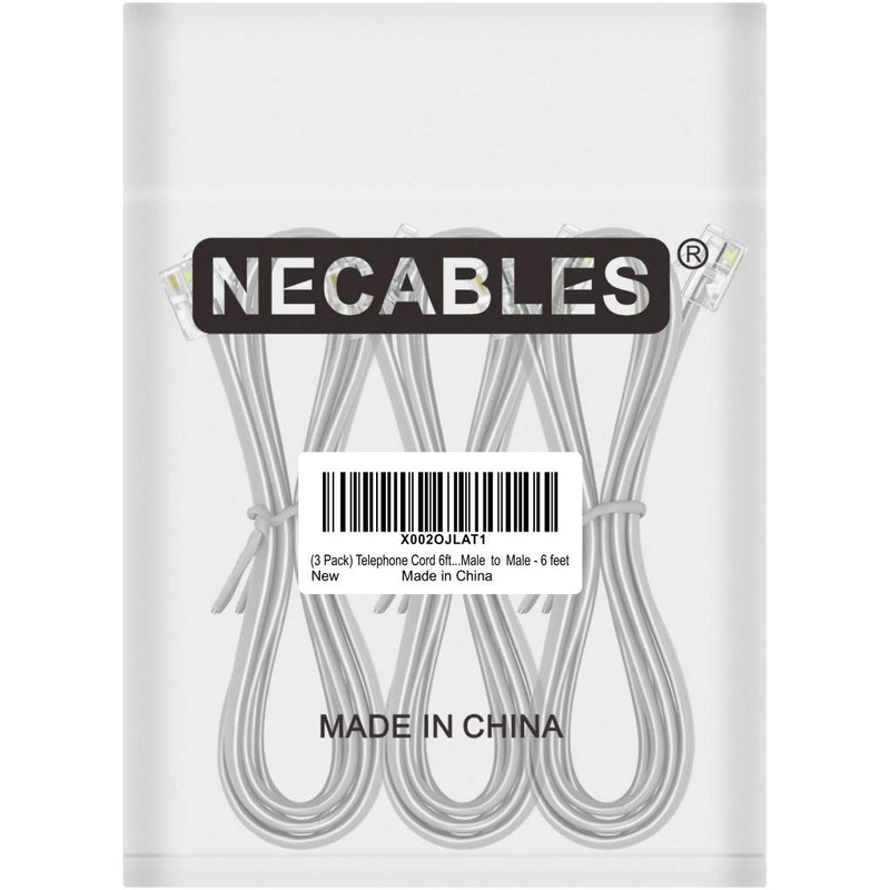 NECABLES (3 Pack) Phone Cord 6ft Telephone Cable RJ11 6P4C Male to Male for Landline and Fax - 6 Feet