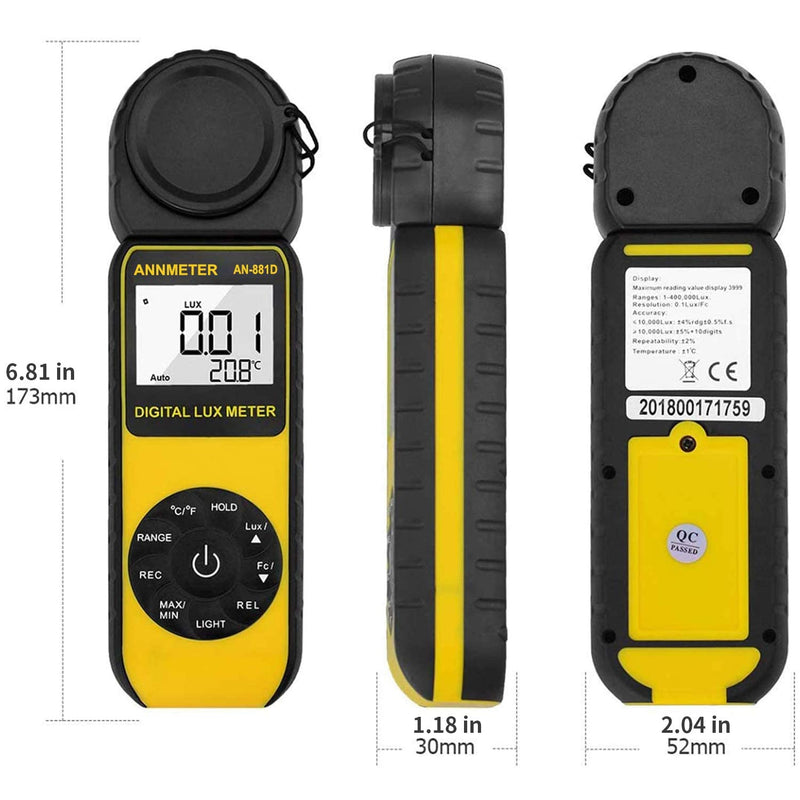 [AUSTRALIA] - ANNMETER AN-881D Digital Illuminance Meter, Lux Meter with 0.01-400,000 Lux (0.01-40,000 FC) Foot Candle Measuring Ranges, Light Meter for Plants, Par Meter with 270°Rotatable Detector AI-881D Illuminance Meter Range 0.1~400,000Lux 