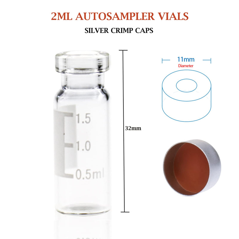 PEKYBIO 2ML Autosampler Vial, Clear 11mm Wide Opening Crimp Top Vial, GC Vial with Graduation, 11mm Aluminum Silver Crimp Seals &Septa, 100pcs