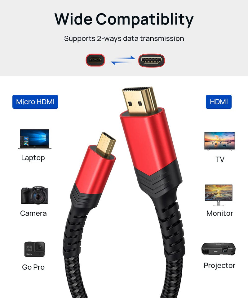 4K Micro HDMI to HDMI Cable 10 FT, JSAUX Micro HDMI to Standard HDMI Cord Braided Support 4k 60Hz HDR 3D ARC 18Gbps Compatible with Sony A6000 A6300 Camera and More (Red) 10FT Red