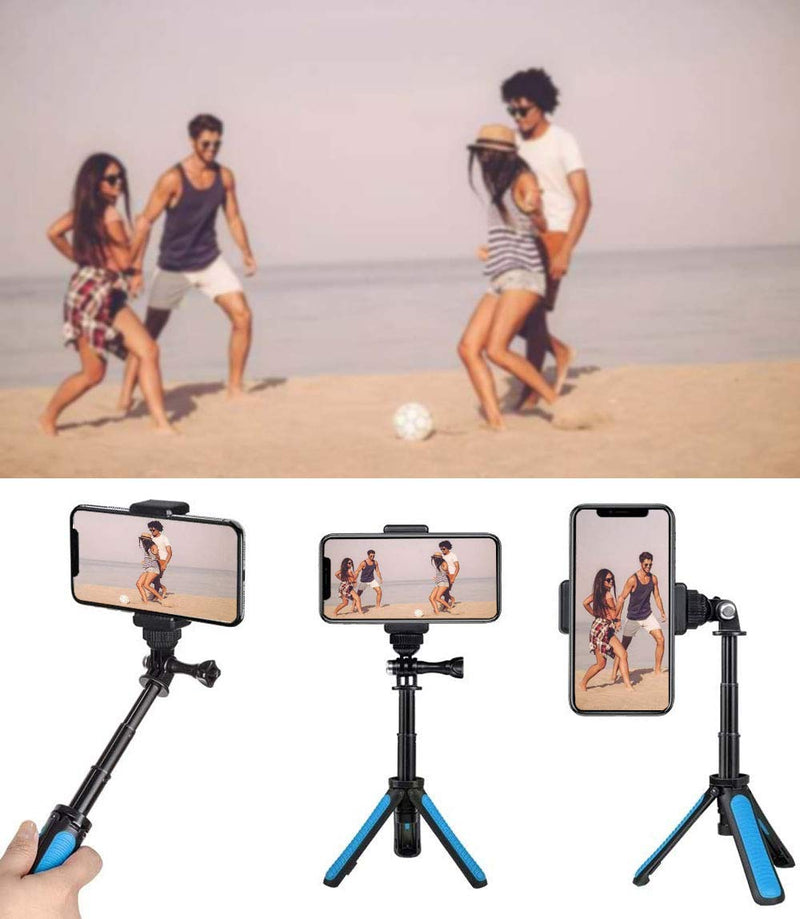 Mini Selfie Stick Tripod Kit 2-in-1, Compatible with Hero 9/8/7/6/5/MAX/OSMO/ACTION Action Cameras and Smartphones, 1/4 inch Screw Fixed, with 3-Level Telescopic Function Tripod（Blue） Blue