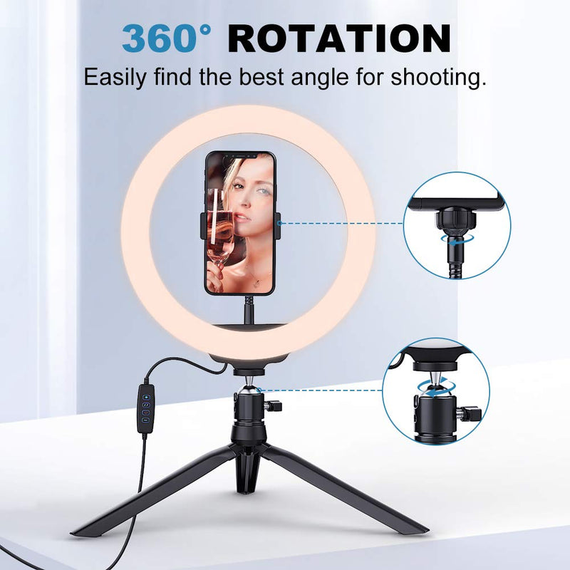 MoKo 10" Selfie Ring Light with Tripod Stand Phone Holder for Live Stream/Makeup/Vlogging, Desktop Led Dimmable Camera Ringlight for TikTok/YouTube Video/Photography Compatible with iPhone Android