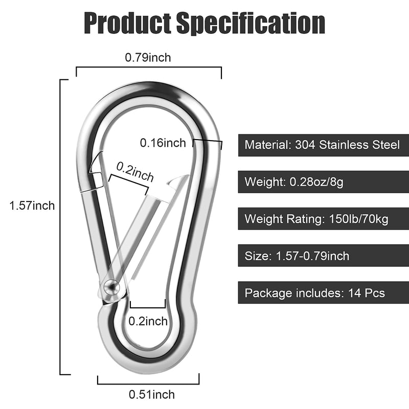 [AUSTRALIA] - Stainless Steel Small Carabiner Clip, 14Pcs Heavy Duty Spring Snap Hooks Spring Clips Quick Link Keychain, Easy Open and Close for Camping, Hiking, Traveling, Fishing, Backpack, M4 1.57inch 