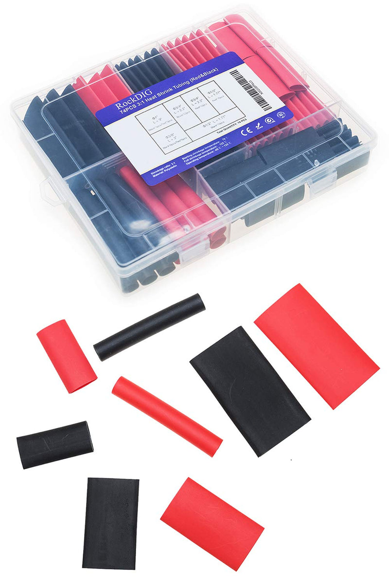 RockDIG 74PCS 3:1 Heat Shrink Tubing Double-wall Adhesive Lined Shrink Tube Assortment Kit 4 Large Size 1 3/4 1/2 3/8 Inch Black Red Black/Red