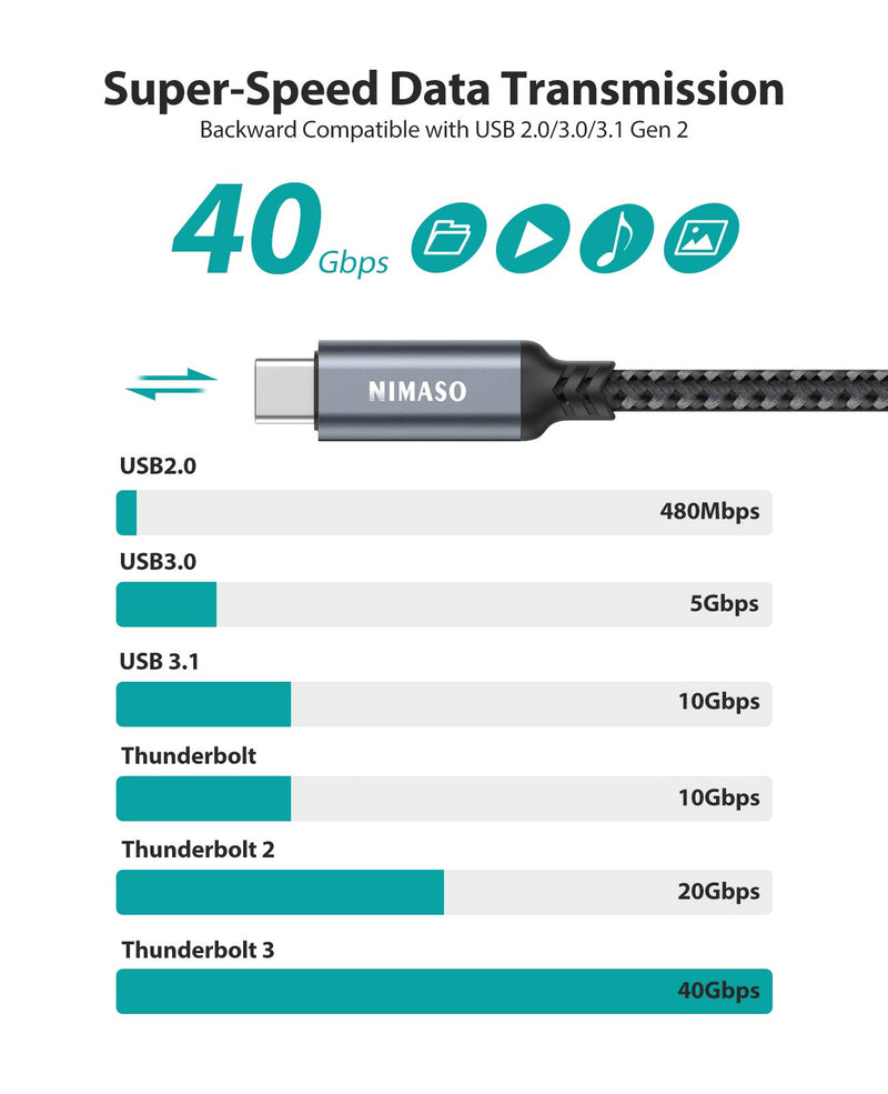 Thunderbolt 3 Cable 3.3ft/1M,Nimaso USB C Thunderbolt 3.0 Cable 40Gbps Date Transfer 100W (20V 5A) 5K@60Hz Fast Charge Cord,Compatible with Docking,Pixel,eGpu,Hub,MacBook,Dell,iPad Pro 2020 and More