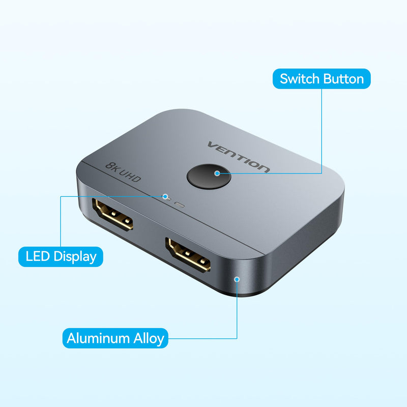 HDMI Switch 8K@60Hz VENTION HDMI 2.1 Splitter Powered 2 in 1 Out 4K@120Hz 48Gbps Aluminum Bi-Directional Switcher 1 in 2 Out HDMI Hub Compatible with PS5/PS4 Xbox Blu-Ray Player Fire Stick Roku HDTV Grey