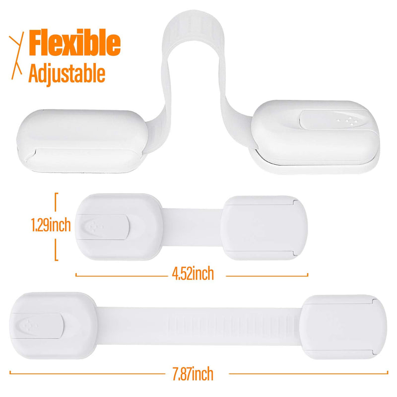 Child Safety Cabinet Locks - (10 Pack) Baby Proofing Latches to Drawer Door Fridge Oven Toilet Seat Kitchen Cupboard Appliance Trash Can with 3M Adhesive - Adjustable Strap No Drill No Tool White