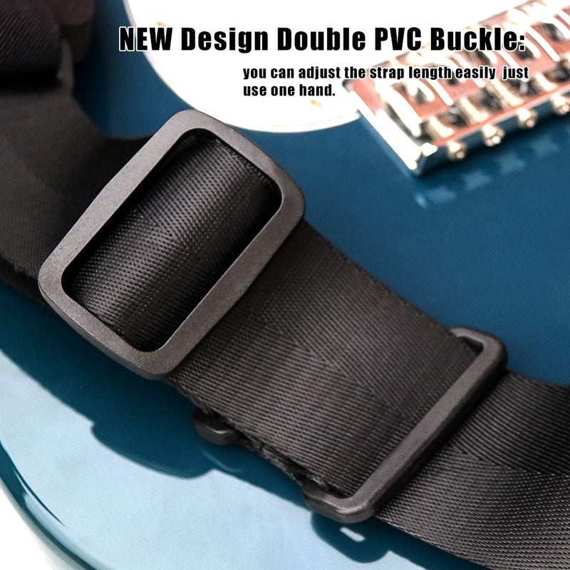 Guitar Strap, Acoustic Guitar Strap, Electrical Bass Guitar Strap SBR Memory Foam Pad with Flexible adjust Buckle Straps Stitching Bouncy Nylon Layer Genuine Leather Ends Guitar Strap Reg Black1