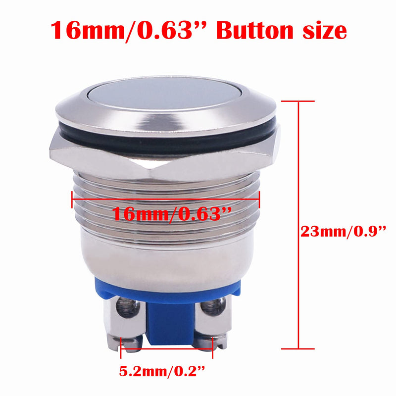 TWTADE 2PCS 16MM/0.63'' Waterproof Momentary Push Button Switch Stainless Steel Metal Material 2 Screw Terminals 250V 5A SPST 1NO YJ-GQ16BF-10/N Flat head