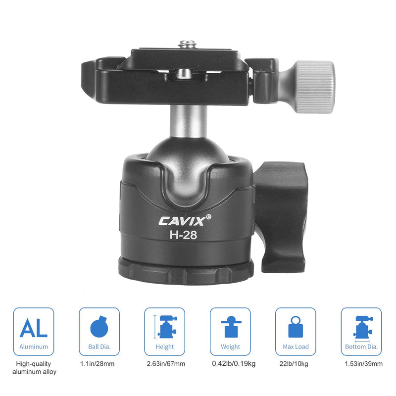 CAVIX 28mm Ball Head Low Profile Tripod Head 360° Panoramic Metal Ballhead w 1/4" Arca Swiss QR Plate &3/8" Thread Mount for DSLR Cameras Tripod Monopod Camcorder Slider Max Load 22lbs/10kg H-28 28