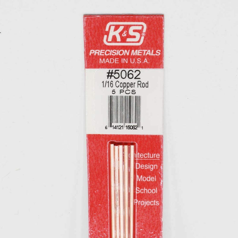 K&S Precision Metals 5062 Copper Rod Music Wire, 1/16" X 12" Long, 5 Pieces per Pack, Made in The USA