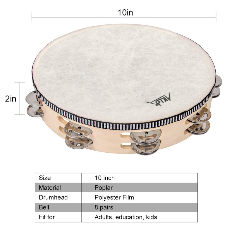 AKLOT 10" Tambourine Hand Held Drum 8 Pairs Double Row Metal Bell Jingles Beech Percussion Musical Educational Instrument for Party Kids Dance & Song Accompaniment