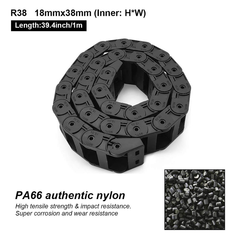 LMioEtool R38 18mm x 38mm(Inner H x Inner W) Black Plastic Cable Wire Carrier Drag Chain 1M Length for CNC, with End Connectors - Bridge Type (Inner Side openable) 18*38
