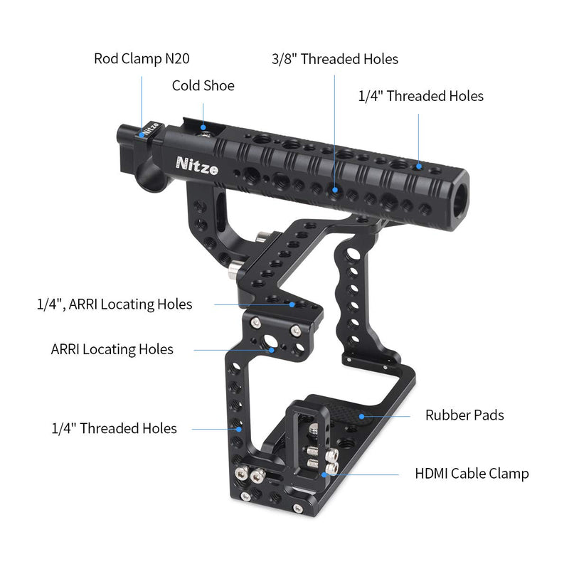 NITZE A7III/A7RIII Camera Cage for Sony A7III/A7RIII with Top Handle and HDMI Cable Clamp - SHT03B Cage with Top Handle-SHT03B