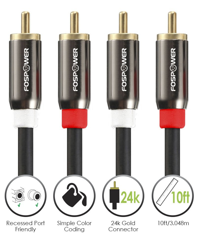 FosPower (10 Feet 2 RCA M/M Stereo Audio Cable [24K Gold Plated | Copper Core] 2RCA Male to 2RCA Male [Left/Right] Premium Sound Quality Plug 10 Feet