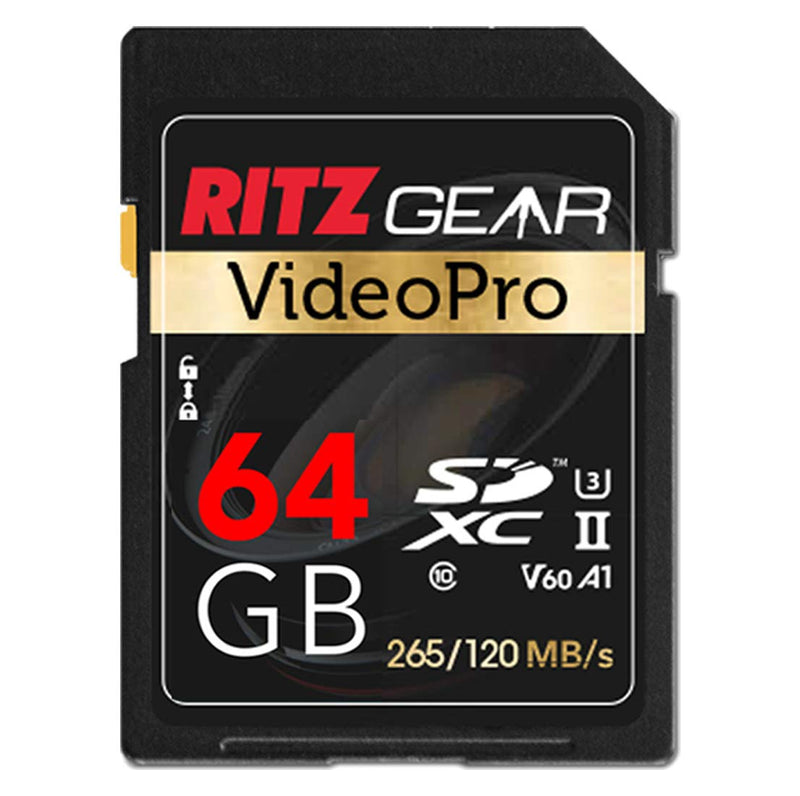 Ritz Gear Extreme Performance Video Pro 64GB 4K 8K Ultra HD SDXC U3 V60 A1 Memory Card 2-Pack (Read 265mb/s 120mb/s Write) 2 Pack Standard Packaging