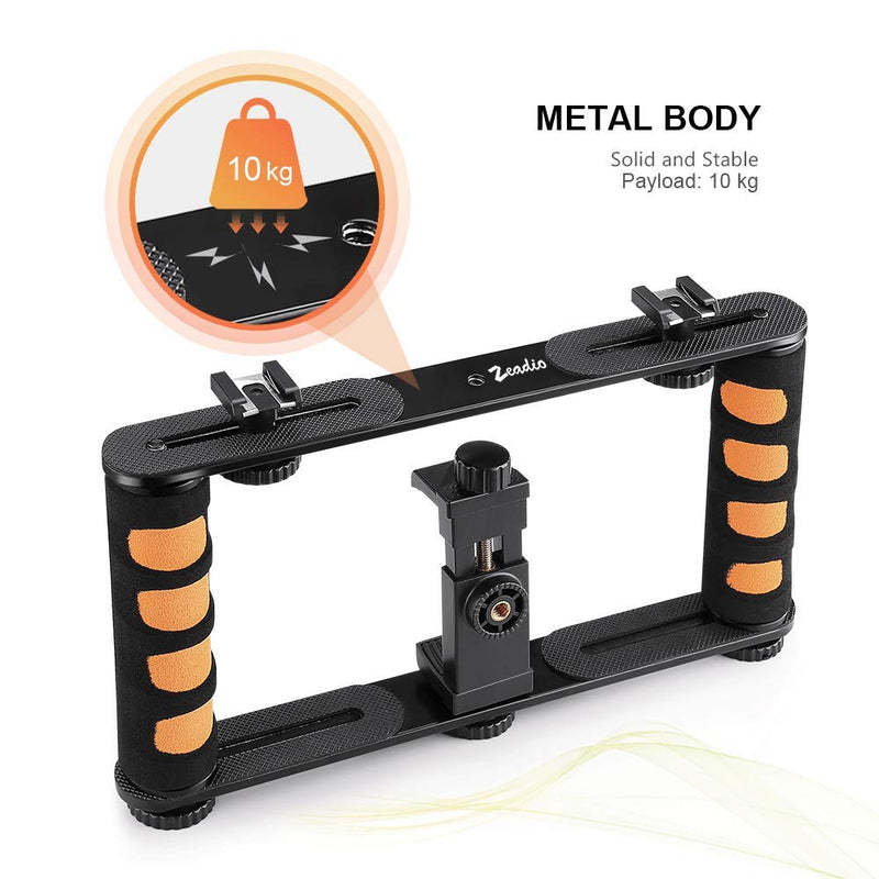 Zeadio Metal Tripod Video Rig, Handle Grip Stabilizer, Vlogging Filmmaking Recording Case, Fits for All iPhone and Android Smartphones Action Camera 2. Metal Version