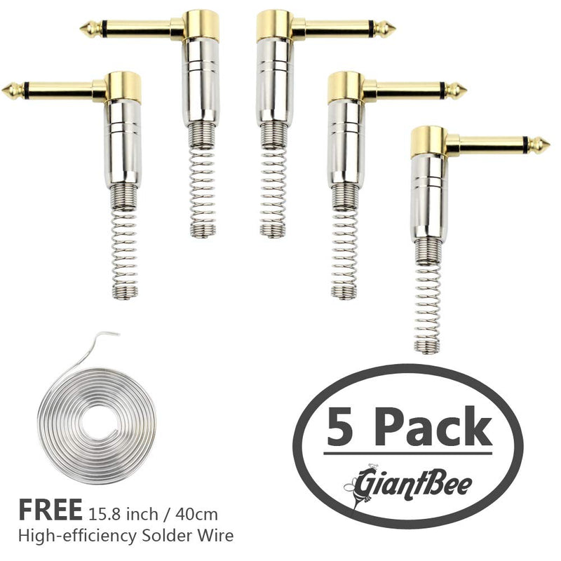 [AUSTRALIA] - 1/4" Audio Plugs 6.35 mm Plug TS Male 1/4 inch Solder Type Mono Plug Right Angle Heavy Duty Connector with Buffered Spring for DJ Mixer Speaker Guitar Cables Phono Patch Cable Microphone Cables (5P) 