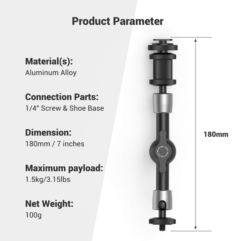 SMALLRIG Articulating Rosette Arm Max 7 Inches Long with Cold Shoe Mount & Standard 1/4"-20 Threaded Screw Adapter - 1497