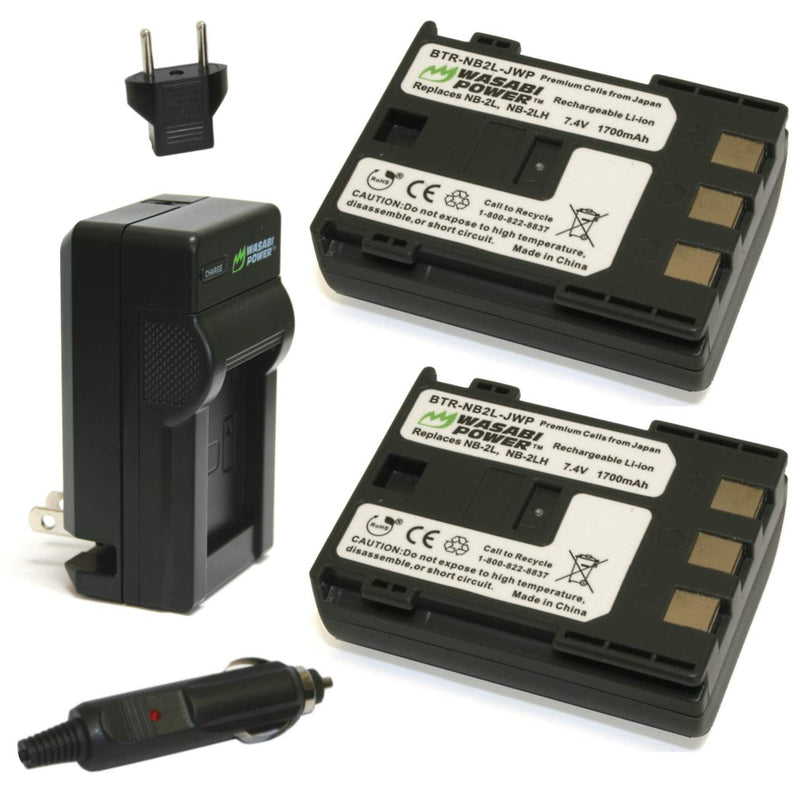 Wasabi Power Battery (2-Pack) and Charger for Canon NB-2L, NB-2LH, BP-2L5, BP-2LH and Canon DC301, DC310, DC320, DC330, DC410, DC420, Elura 40, 50, 60, 65, 70, 80, 85, 90, EOS 350D, 400D, Digital Rebel XT, XTi, FV500, FVM20, FVM30, FVM100, FVM200, HG10...