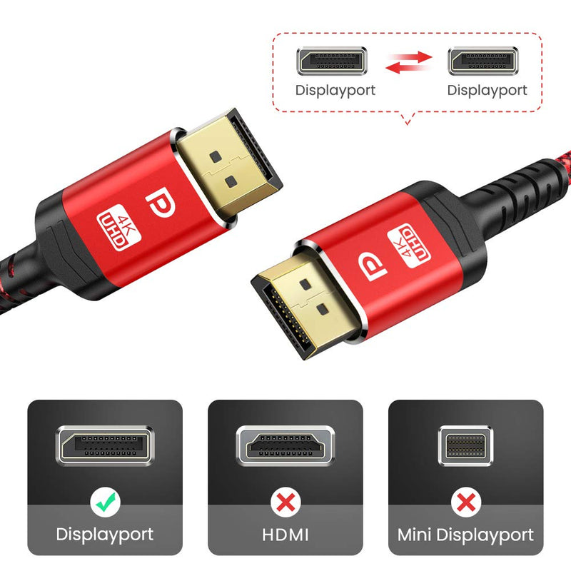 DisplayPort Cable15ft,Capshi 4K DP Cable Nylon Braided -(4K@60Hz, 2K@120Hz) Gold-Plated DP to DP Cable Ultra High Speed 1.2 Display Port Cable for Laptop PC TV etc- Gaming Monitor Cable (Red) 15Feet Red