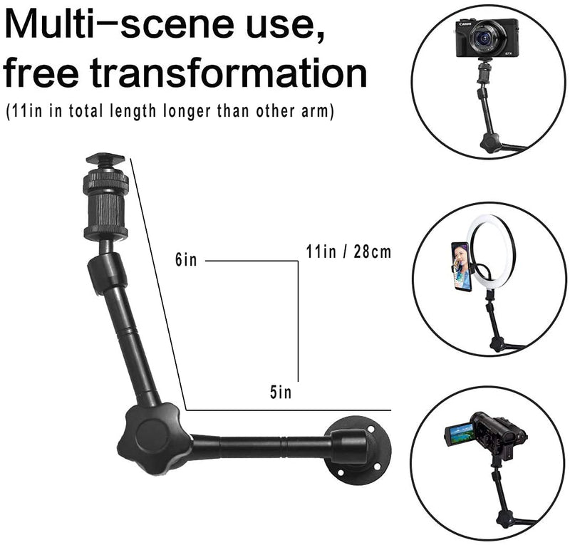 Articulating Magic Arm Wall Mount 11 Inch Magic Holder Stand Camera Arm Mount for Camera Projector LED Light Video Lamp (Hot Shoe and Mounting Screws Included)