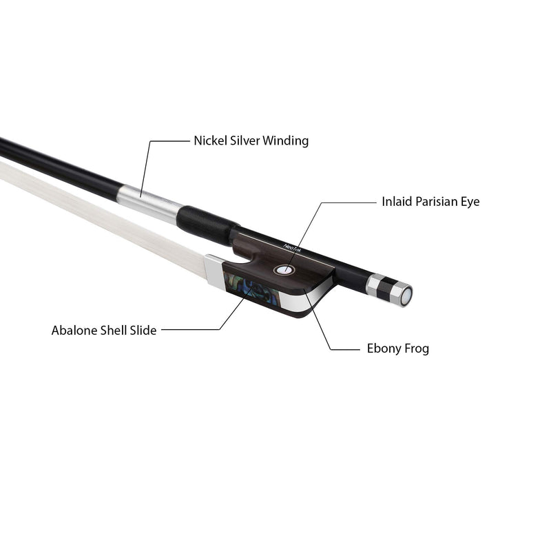 NeoTek Carbon Composite Cello Bow - Matte Finish, Round Stick, Fully-lined Ebony Frog, Authentic Horsehair (1/2) 1/2