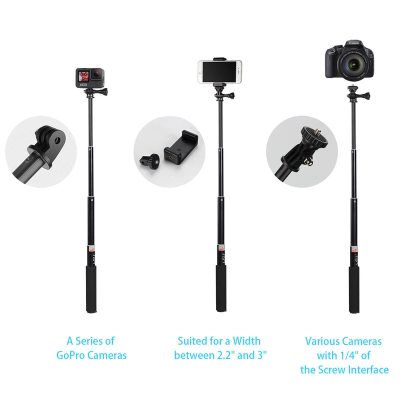 HSU Extendable Selfie Stick，Waterproof Hand Grip for GoPro Hero 10/9/8/7/6/5/4, Handheld Monopod Compatible with Cell Phones, AKASO Campark and Other Action Cameras 7.9"to 22.6"