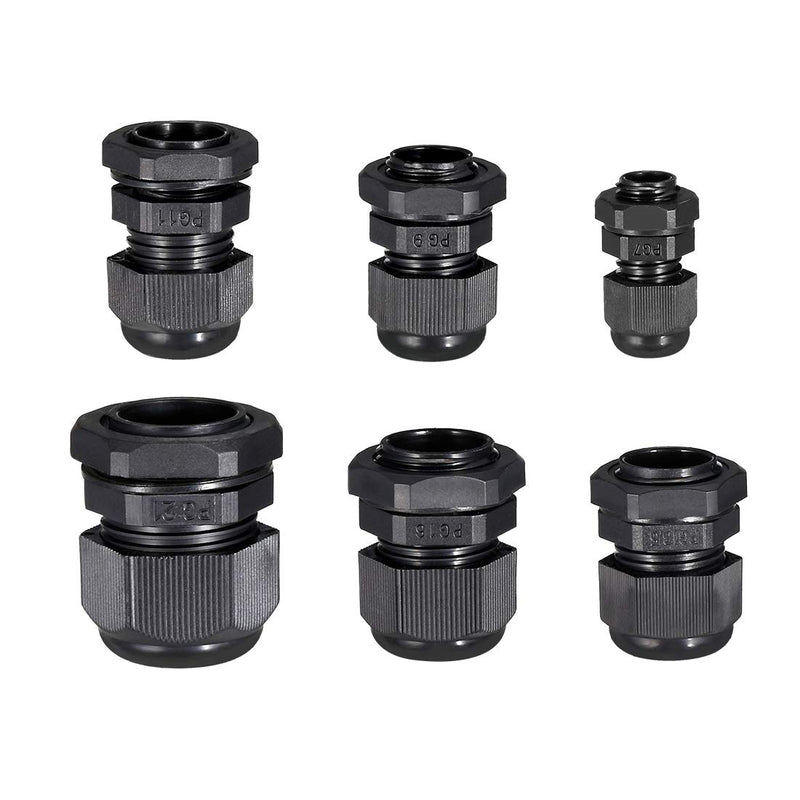 uxcell 30 Pcs (5 Pcs of each model) PG7 PG9 PG11 PG13.5 PG16 PG21 Waterproof IP68 Nylon Cable Gland Joint Adjustable Locknut for 3.5mm-18mm Dia Cable Wire