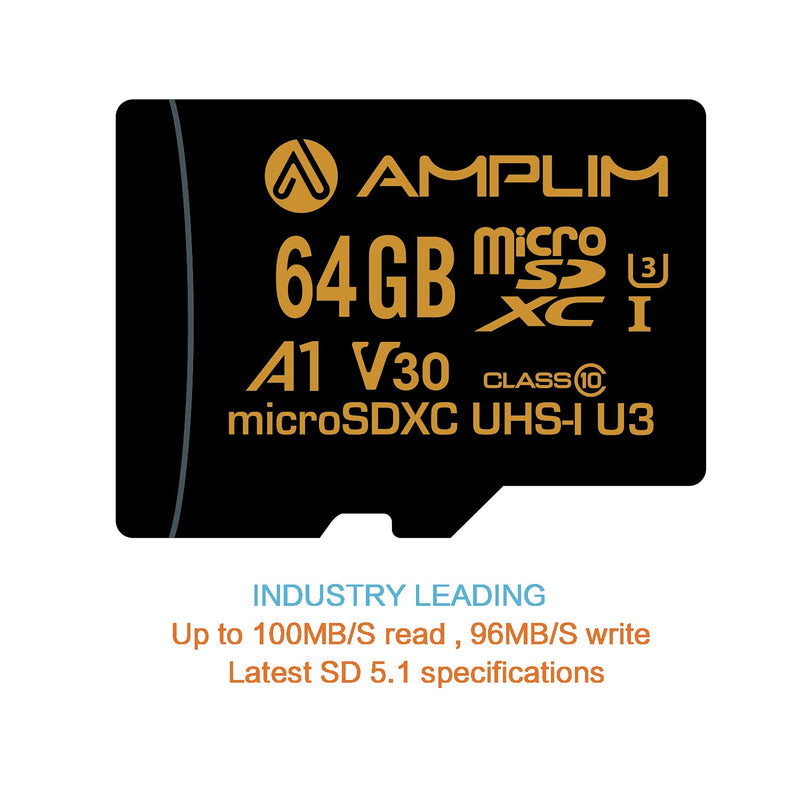 Amplim 64GB Micro SD Card, MicroSD Memory Plus Adapter, MicroSDXC SDXC U3 Class 10 V30 UHS-I TF Extreme High Speed Nintendo-Switch, Go Pro Hero, Surface, Phone Galaxy, Camera Security Cam, Tablet Black 64GB