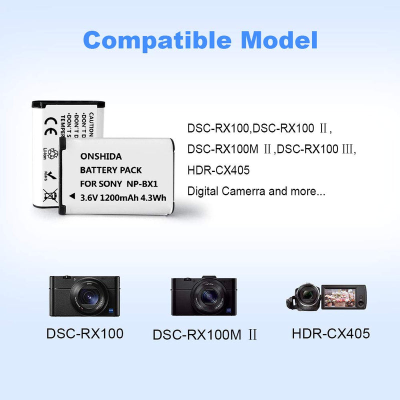 NP-BX1 Onshida 2 Pack Replacement Battery and LCD Dual USB Charger Set for Sony NP-BX1/M8 and Sony Cyber-Shot DSC-RX100, DSC-RX100 II, DSC-RX100M II, DSC-RX100 III, DSC-RX100 IV, DSC-RX100 V/VII, ZV-1