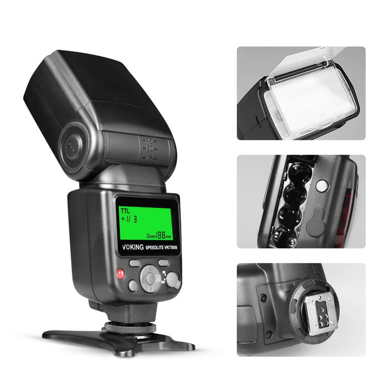 Voking VK750III Remote TTL Speedlite Slave Mode Flash with LCD Display for Canon DSLR Standard Hot Shoe Cameras EOS Rebel 5DS 5DSR 5S Mark IV 5D Mark III 6D 6D Mark II 7D 70D 77D 80D