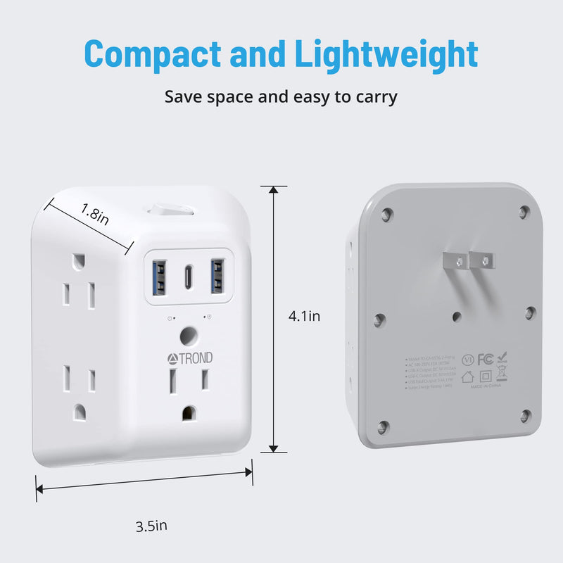 2 Prong Power Strip USB, TROND 2 to 3 Prong Outlet Adapter, 5 Outlet Splitter with 3 USB Ports(1 USB C), Wall Mount 1440J Surge Protector with ON/OFF, Polarized Plug, for Non-Grounded Outlet Old House