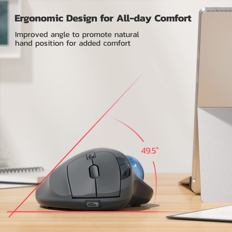Wireless Trackball Mouse, Rechargeable Ergonomic Mouse, Easy Thumb Control, Precise & Smooth Tracking, 3 Device Connection (Bluetooth or USB), Compatible for PC, Laptop, iPad, Mac, Windows, Android Grey-Blue