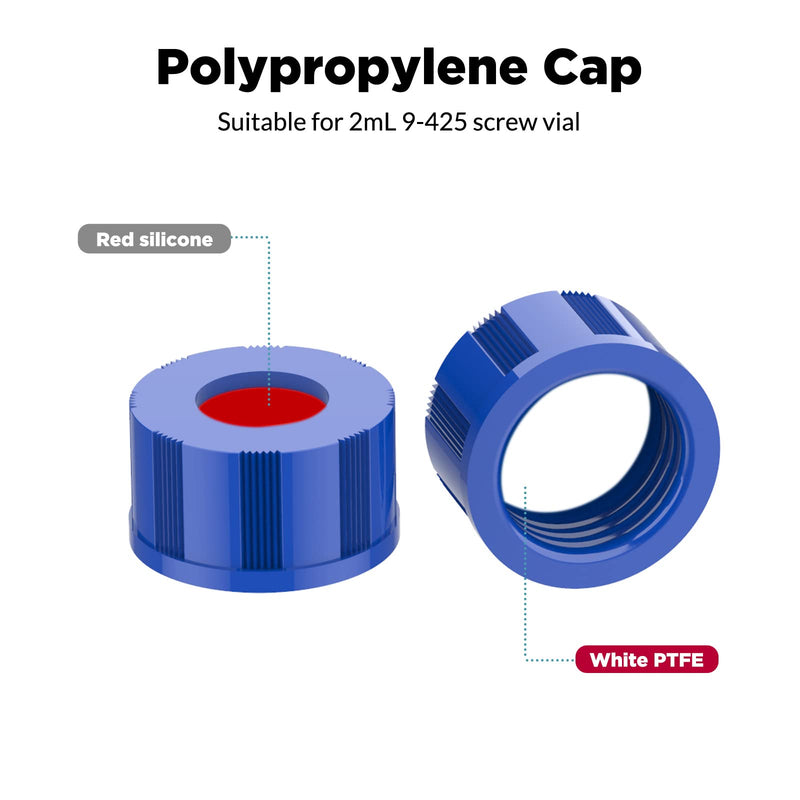Autosampler Vials, Membrane Solutions 2ml HPLC Vials, 9-425 Lab Amber Vials with Write-on Spot and Graduations, 9mm Blue ABS Screw Caps & Septa for GC Sample Vials, 100 Pcs 100pcs Amber Vial & White PTFE septa
