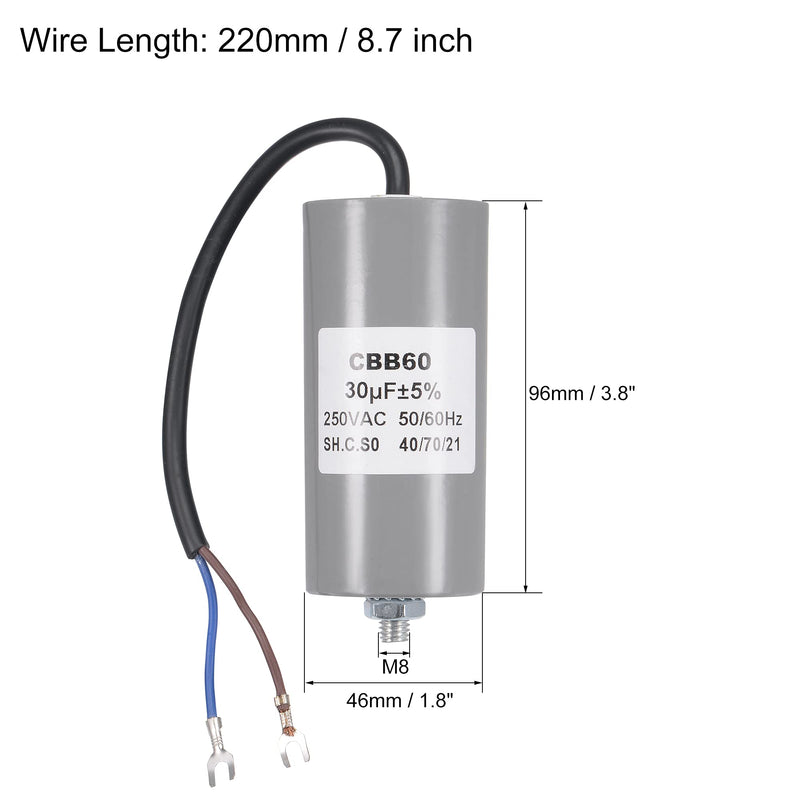 MECCANIXITY CBB60 Run Capacitor 30uF 250V AC 2 Wires 50/60Hz Cylinder 96x46mm with Terminal, M8 Fixing Stud for Air Compressor Water Pump Motor