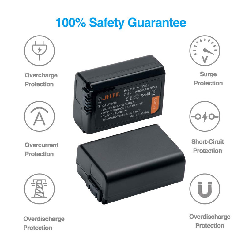 JHTC NP-FW50 Battery 2-Pack and FW50 Battery Charger for Sony A6500,A6000,A6300,A6400,A7,A7II,A7S,A7SII,A7R,A7RII,A33,A55,A37,RX10 Camera and More