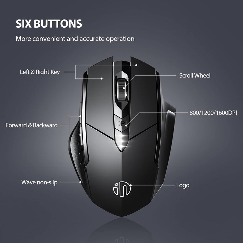 Bluetooth Mouse [Upgraded: Battery Level Visible], Inphic Rechargeable Wireless Mouse Multi-Device (Tri-Mode:BT 5.0/4.0+2.4Ghz) with Silent,Black Pro-Black