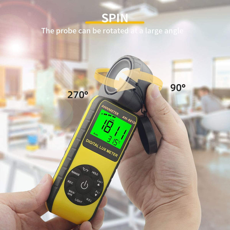 [AUSTRALIA] - ANNMETER AN-881D Digital Illuminance Meter, Lux Meter with 0.01-400,000 Lux (0.01-40,000 FC) Foot Candle Measuring Ranges, Light Meter for Plants, Par Meter with 270°Rotatable Detector AI-881D Illuminance Meter Range 0.1~400,000Lux 