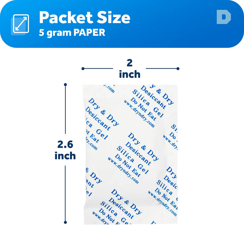 Dry & Dry 5 Gram [100 Packets] Premium Pure and Safe Silica Gel Packets Desiccant Dehumidifiers, Silica Gel Packs - Rechargeable (Food Safe) Moisture Absorbers, Desiccant Packets 100 Pack