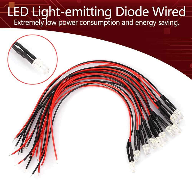 5mm Pre Wired LED Diodes Light, 10pcs 0.06W 12v 5mm LED Light-emitting Diode Wired Multicolor LED Light, Cable 20cm(White) White