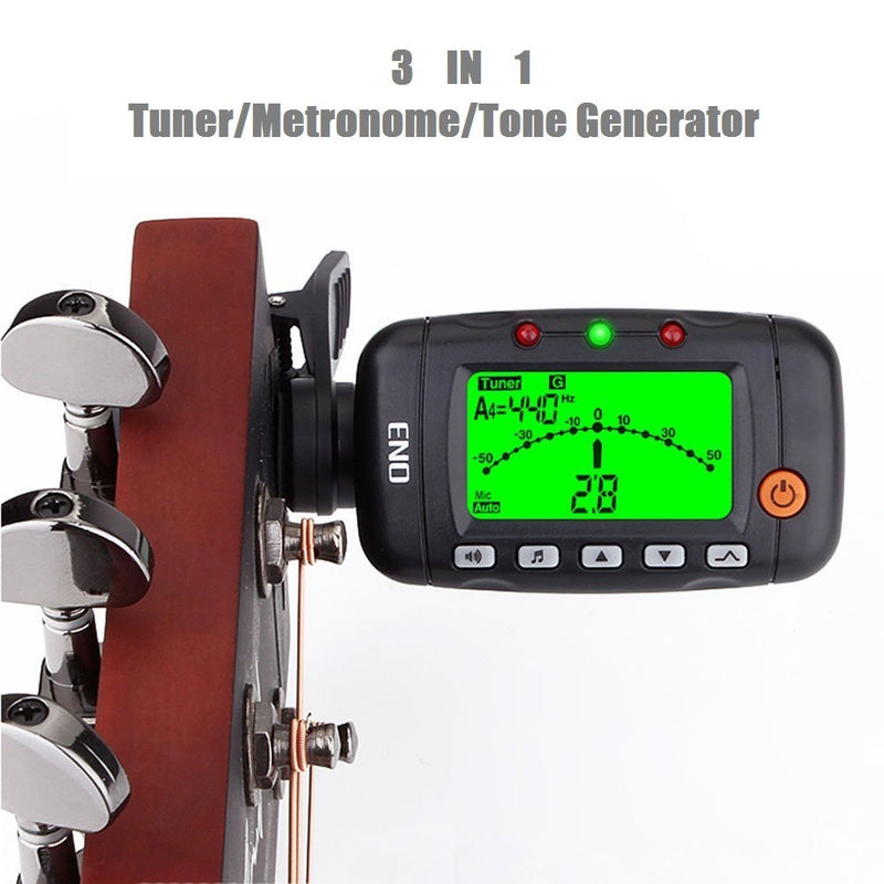 Portable Clip on Violin Tuner and Metronome with Sound, Acoustic Clip on Guitar Tuner 3 in 1, Metronome, Tone Generator for Guitar, Ukulele, Bass, Violin (Black) Black
