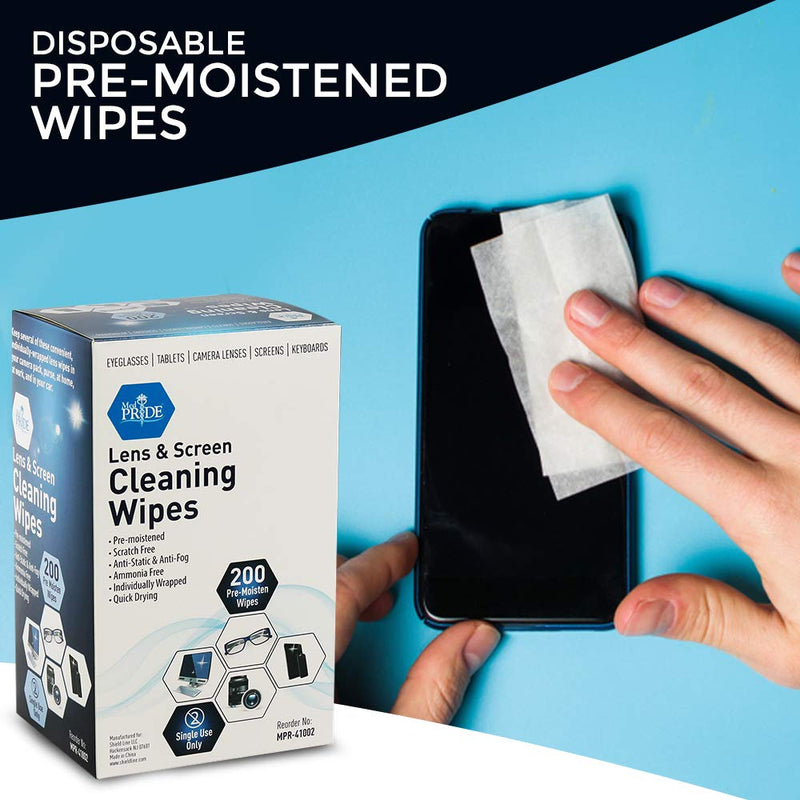 Medpride Premoistened Lens Wipes| Anti-Static, Anti-Fog, Quick-Dry & Scratch-Free| Cleaning Cloths for LED Touch Screen, iPhones, iPads, Computer Monitors, Eyeglasses, Camera Lenses, Laptop (200) 200