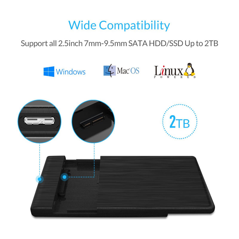 ORICO USB3.0 to SATA III 2.5" External Hard Drive Enclosure for 7mm and 9.5mm 2.5 Inch SATA HDD/SSD Tool Free [UASP Supported] Black(2189U3) USB 3.0